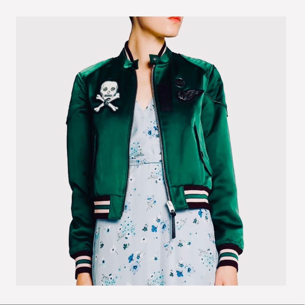COACH Leather-trimmed appliquéd satin bomber